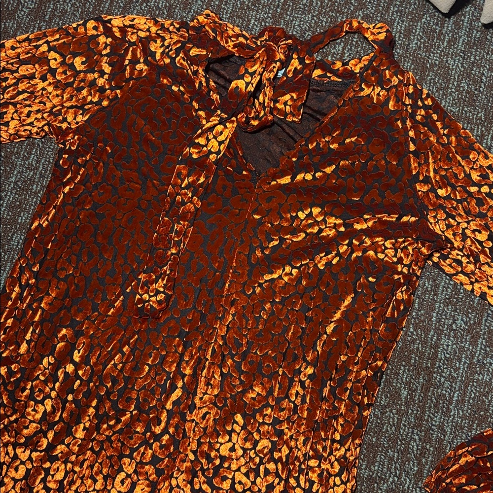 ASOS orange velvet leopard print sheer midi dress tie neck flowy dress